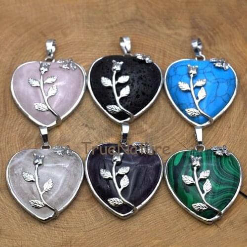 Rose Species Silver Electroplated Heart Shape Pendant, Rose quartzs Turquoises Amethysts Stone Charm In 38*33 mm PM7762