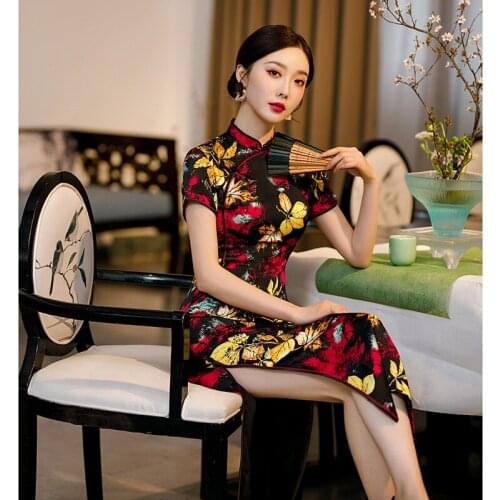 Spring Summer New Vintage Print Acetate Cheongsam Women Elegant Slim Long Qipao Mandarin Collar Chinese Formal Party Dress