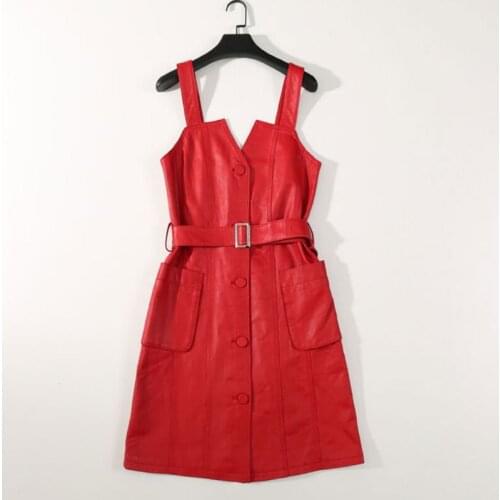 Spring 2020 new leather dress for women high-waisted condole belt skirt single-breasted sheep leather suspenders skirt