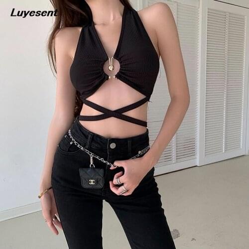 Black Green Lady Sexy Hollow Out Camis Lace Up Deep V Neck Girl Criss-cross Backless Camisole Halter Metal Rings Harajuku Tops