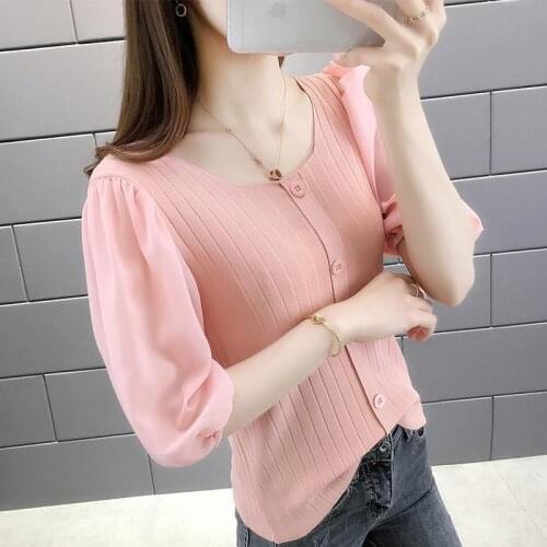 Female girls short Puff Sleeve T-shirt women summer vintage thin V-neck slim knitted sweater short shirts pullover tops ZZ0727