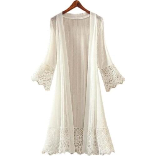Women Summer Beach Cover Up New Korean Style Mid-Length Solid 2/3 Sleeve Lace Sunscreen Shawl Air-conditioning Cardigan