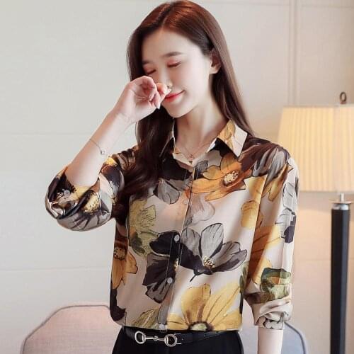 Flower Print Long Sleeves Turn Down Collar Women Loose Top Chiffon Blouse Shirt womens shirt womens blouse fashion womenblouse