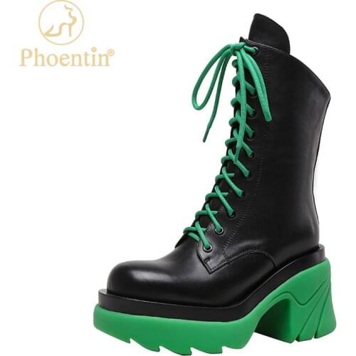 Phoentin Mid calf big round toe boots 2021 Autumu Winter Genunine leather platform shoes womens high heel boot plus size FT1634