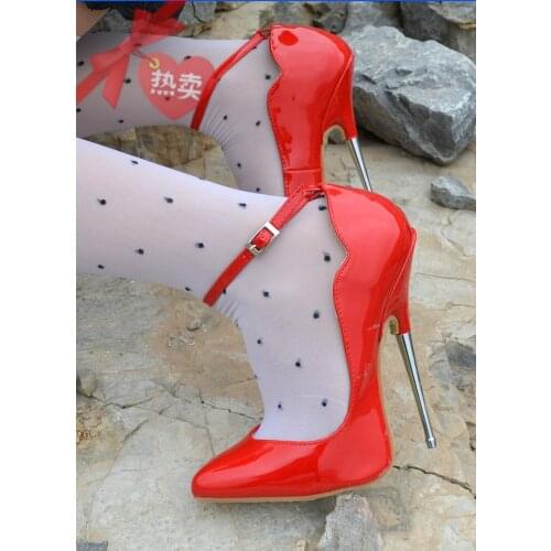 OLOMLB 16cm Women Wave Stilettos Buckle Pointy Toe Super High Steel Heel Stilettos Patent Leather Nightclub Shoes Sexy Red New
