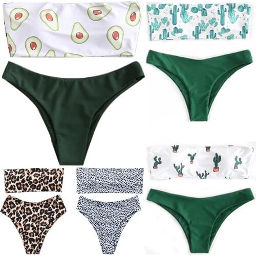 2020 Womens Bikini Set Avocado Print Padded Swimsuit Strapless Bandeau Swimwear Thong Bathing Suit Bikinis Low Waist Biquini