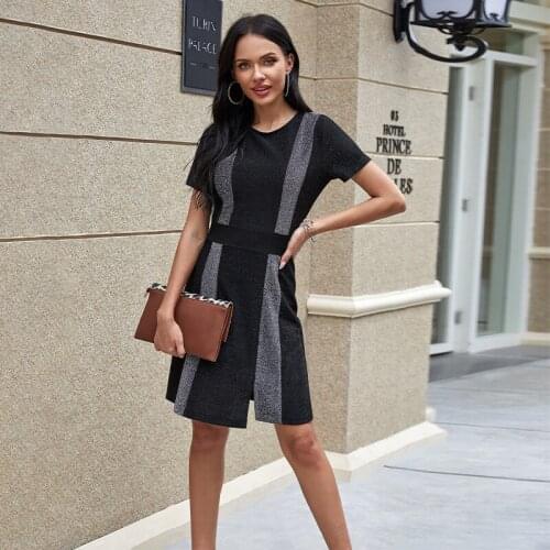 High Elastic Yarn Patchwork Women Dress Summer New O-neck Casual Slim Split Black Dress Office Lady Work Clothes Elegant Mujer