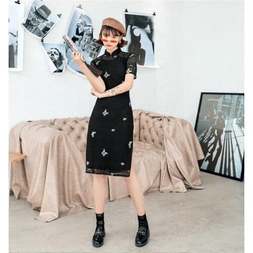 2020 New Summer Autumn Lace Cheongsam Dress Fashion Mid-long Dress Women Slim Vintage Dresses 3XL
