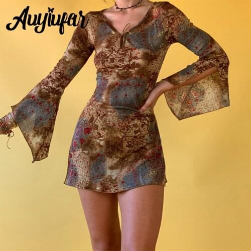 Auyiufar Floral Pattern Fairy Grunge Mini Dress Retro Lace Up Flare Sleeve A Line Dresses V Neck Goblincore Split Women Outfits