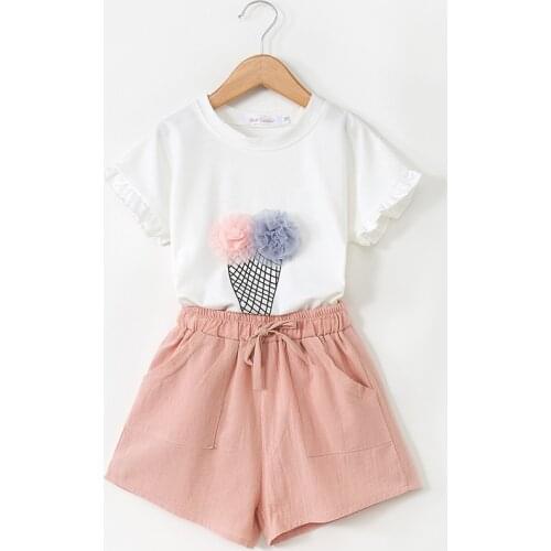 27Kids Girls Clothes Suit Pants Korean Ice Cream Pattern T-shirt Shorts Children Clothing Set Kids Girls Clothes 2-6Years