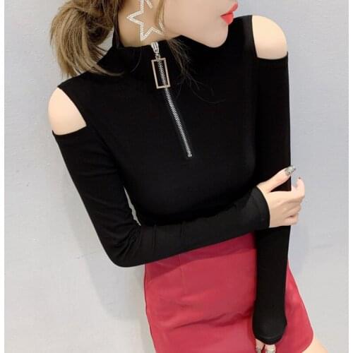 #5512 Off Shoulder T-Shirts For Women Zipper Sexy Stretch Woman T Shirt Long Sleeved Turtleneck Woman T Shirt Slim Spring Autumn