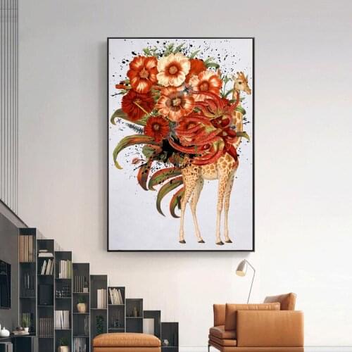 Abstract Giraffe with Flowers Canvas Painting Modern Posters and Prints Wall Picture for Living Room Home Decor Cuadros No Frame