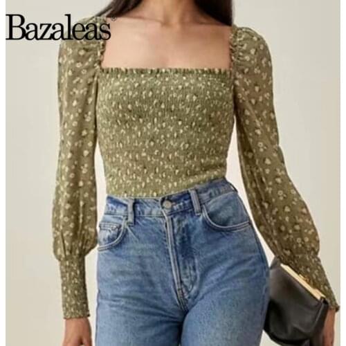 Bazaleas Elegant Square Collar Blusas Mujer De Moda Green Floral Print Long Sleeve Women Blouse Vintage Elastic Tops