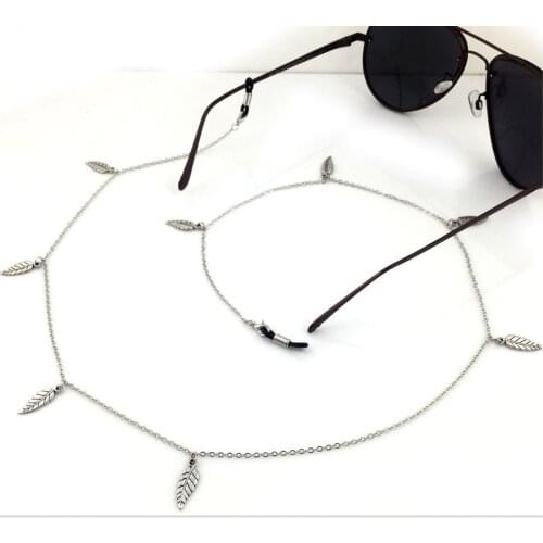 Leaf Silver Beaded Eyeglass Cord Reading Glasses Spectacles Chain Holder Adjustable rubber ends with metal coils