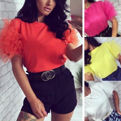 Summer New Fashion Women Tulle Ruffle Short Sleeve T Shirt Ladies Loose Casual Top Streetwear