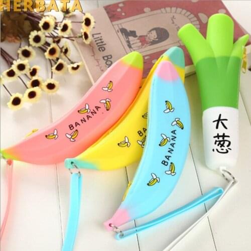 Cute Mini Silicone Pencil Case Banana Plastic Pencilcase Kids Girl Pen Bag Large Capacity Zipper Pencil Coin Pocket Stationery