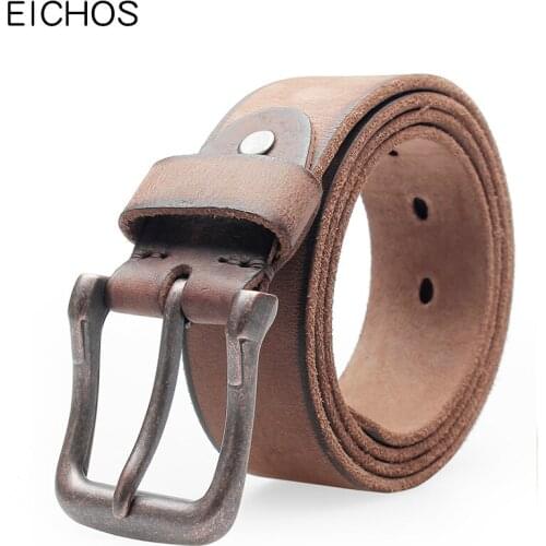 EICHOS New Genuine Leather Mens Italy Cowhide Belt High Quality Scrub Wash Unique Shape Alloy Buckle Design Belt Men