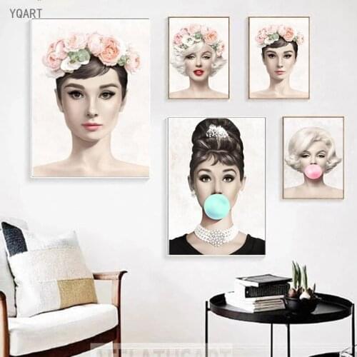Audrey Hepburn Marilyn Monroe Blow Pink Bubbles Canvas Posters and Prints Wall Art Paintings Pictures for Home Living Room Decor