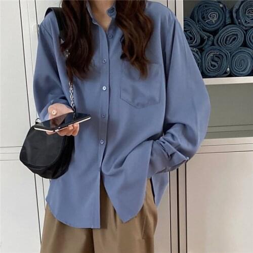 2021 New Grey-Blue Full Sleeves Solid Chic Office Lady Korean Casual Formal Women Loose Minimalist Gentle Streetwear Shirts