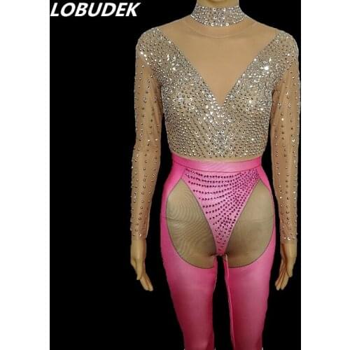 Silver Pink Rhinestones See Through Jumpsuit Bling Crystals Bodysuits Female Costume Sexy Party Celebration Singer Stage Wear
