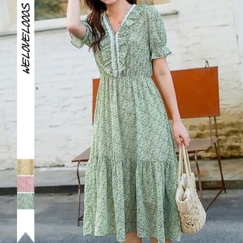 Prairie Chic Chiffon Floral Print Dress Women Elegant V Neck Short Sleeve Ruffles Beach Dresses Summer Casual Robe Long Dress