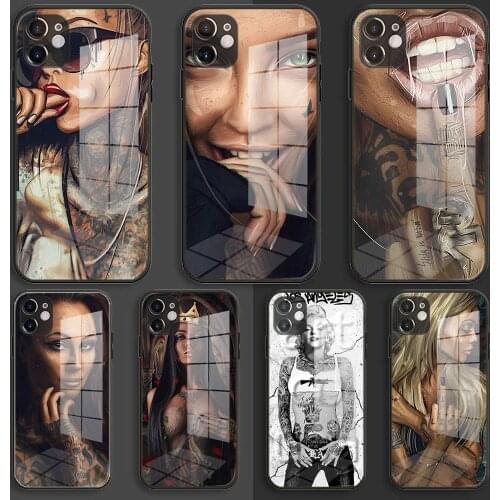 Glass Soft Balck Case Shell for iPhone 12 11 Pro X XS Max XR 8 7 6 Plus SE 2020 S Cover Sexy Sleeve Tattoo Girl