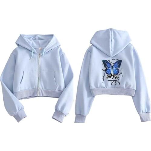 Cropped Hoodie Zip Up Butterfly Print Long Sleeve Sweatshirt Streetwear Women Jacket Cotton Harajuku Korean Hip Hop Clothes