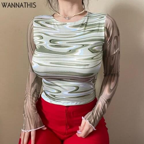 WannaThis Zebra Printing Tee Shirts Women's Long Transparent Sleeve O-Neck Sexy Slim Tops Woman Retro Spring Girl Tops 2021 New