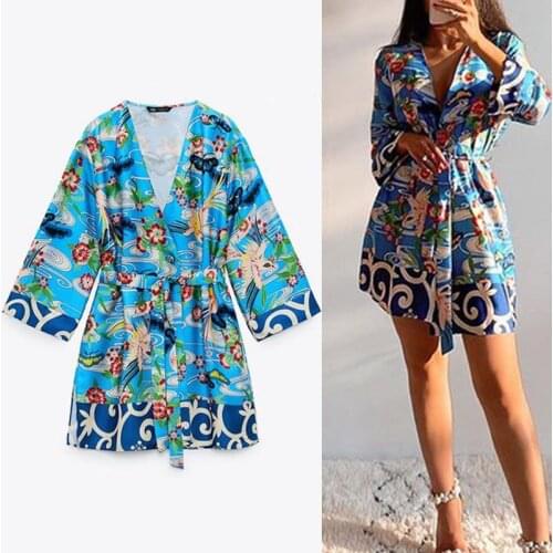 Za 2021 Autumn Belted Print Womens Blouse V-neck Half Sleeve Female Long Shirt Cardigan Fashion Streetwear Lace Up Blouses