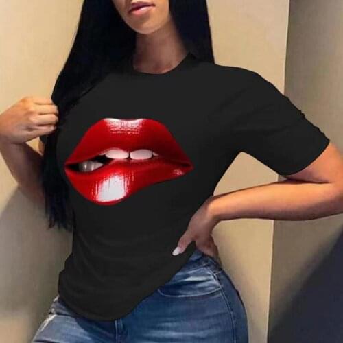 2021 Summer Printed Ladies T-Shirt Large Size Red Lips Lips Short Sleeve Top