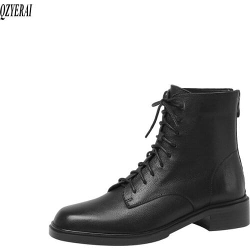 QZYERAI black Riding boots Genuine leather Female boots Womens boots lace-up cowhide Womens shoes 34-42