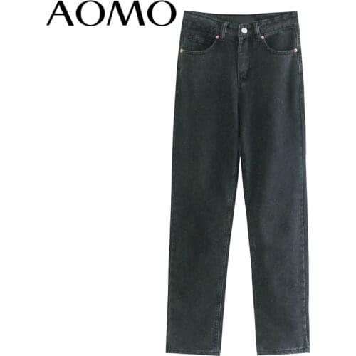 AOMO 2021 Fashion Women Black Jeans Pants Long Trousers High Waist Pockets Buttons Female Pants JE162A