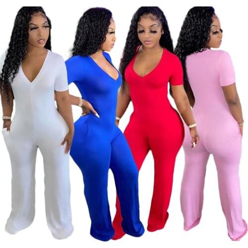 Women Pants Jumpsuits 2021 V-Neck Slimming Waist Short Sleeves Bodycon Straight Pants Sexy Lady Comfortable Night Club Summer