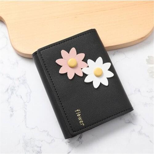 Women Wallets Short Flower Decoration Three Fold Pu Leather Hasp Solid Color Female Coin Purses Multi-card Slot Card Package