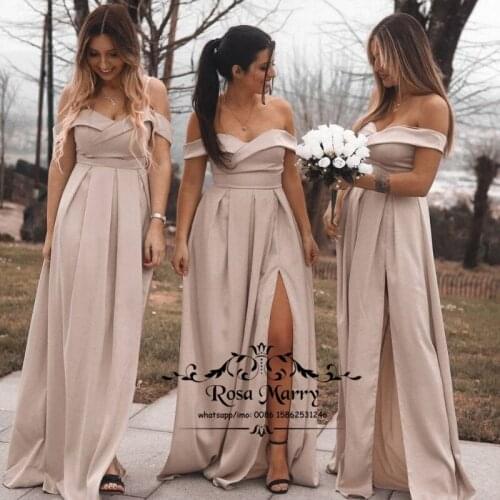 Royal Blue Plus Size Bridesmaids Dresses 2021 A Line Off Shoulder High Split Cheap Simple Satin Wedding Guest Gowns for Women