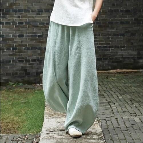 Women Cotton And Hemp Knickerbockers Meditation Pants Elastic Waist Large Loose Trousers Womens Casual Pants