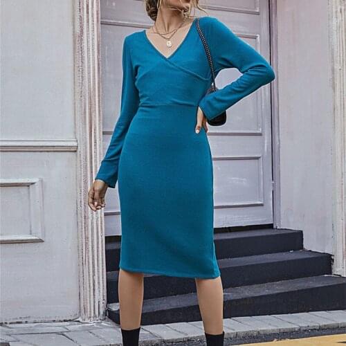 Womens Dress V-Neck Long-Sleeved Midi Dresses Sexy Cross Collar Women Clothing Autumn Casual Solid Bodycon Party Robe Fashion