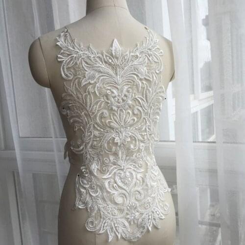 1Piece Bridal Lace Applique Embroidery Wedding Motif Trim Craft DIY Beaded Ivory White Patch Wedding Dress Motif