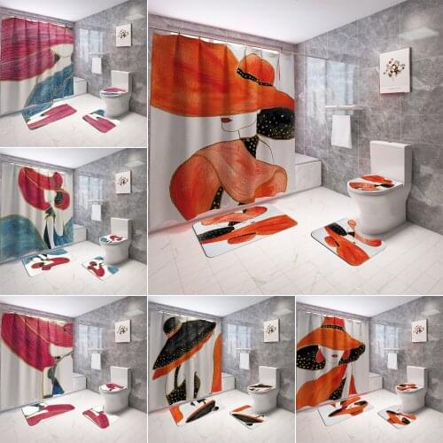180*180cm Elegant Lady Pattern Shower Curtain Set Bath Mats Rugs Fashion Girl Non-slip Rug Toilet Lid Cover Bathroom Curtains