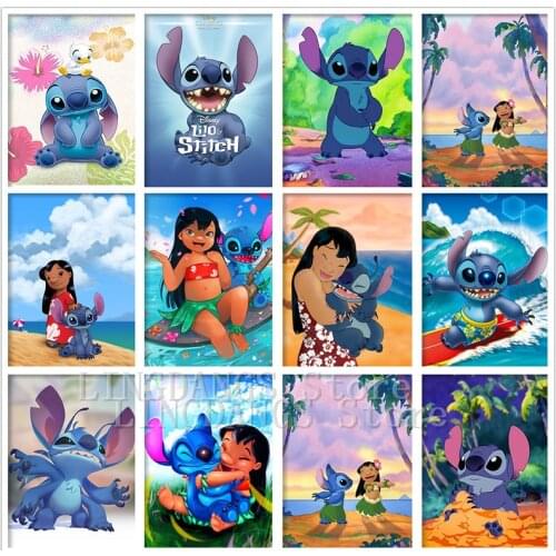 5D DIY Full Drill Diamond Painting Disney Movie Lilo & Stitch Cartoon Seaside Scenery Diamond Mosaic Embroidery Home Decor Gift