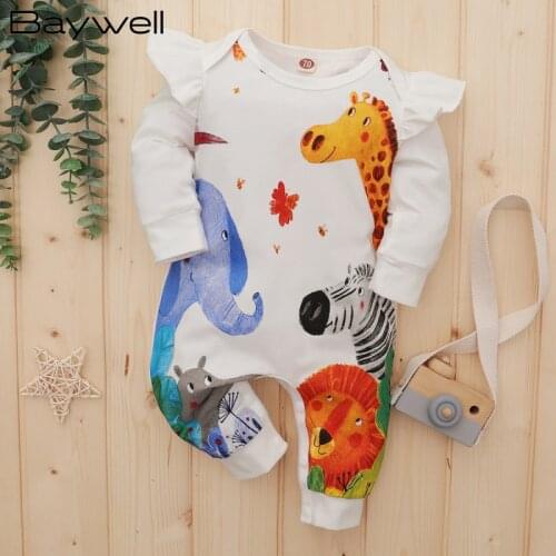 Baywell New Autumn Infant Baby Romper Girls Boys Cute Cartoon Print Animal Long Sleeve Rompers Newborn Jumpsuit Kids Clothes