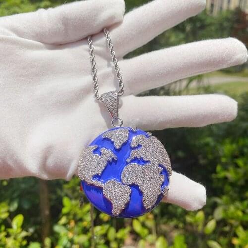 Fashion Environmental Protection Blue Earth Pendant Bling Cubic Zircon Necklace for Men Women Hip Hop Jewelry Gifts Collar