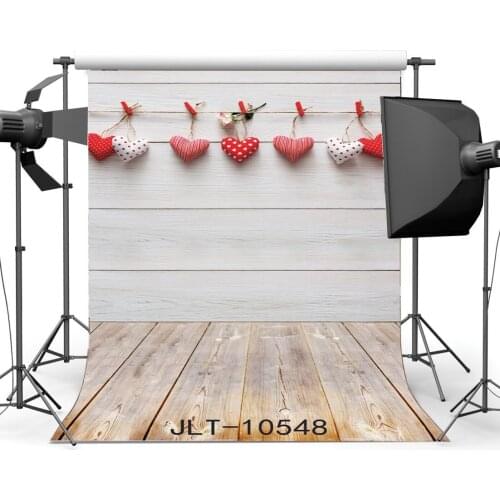 Photography Backdrops Hearts Hanging on Whitewashed Wood Wall & Nostalgia Stripe Wooden Floor Christmas Holiday Background