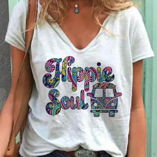 Hippie Soul Women Shirt Short Sleeve Bus Printing O-Neck T Shirt Female Casual Ladies Tops 2020 Summer Fashion Womens T-Shirts