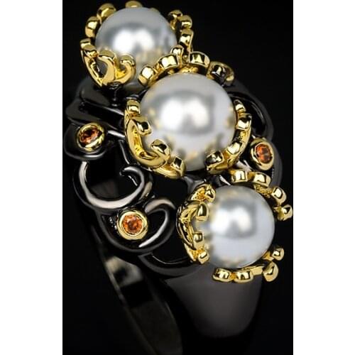Exquisite Womens Jewelry Rings Inlaid Pearl Zircon Rings Elegant Womens Wedding Jewelry Black Gold Two-tone Jewelry