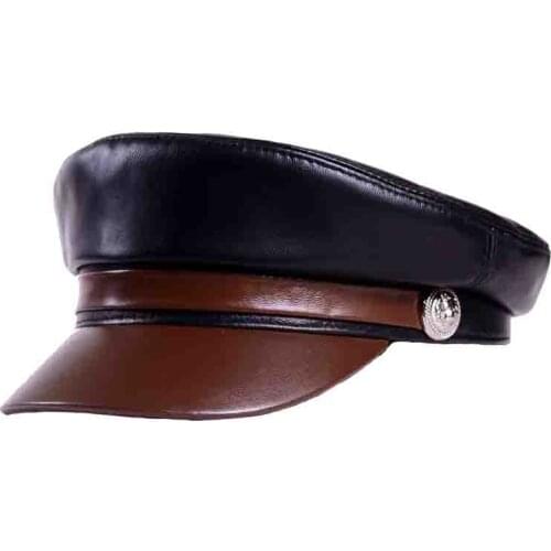 Korean Fashion Unisex Soft Genuine Leather Hat Women Men Winter Black Brown Patchwork Casual Cap Student Buttons Military Caps