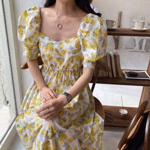 Summer Womens Dress Vintage Printed Loose Sweet Dresses Puff Sleeve High Waist Square Collar Sundress Korean Style 2020 New