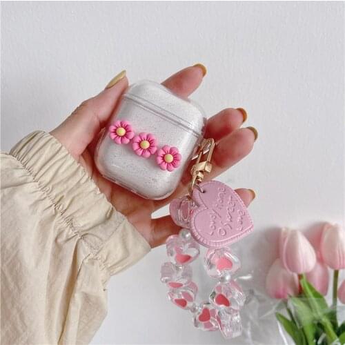 Cute 3D Pink Flower Glitter Earphone Case for AirPods 2 1 Bluetooth Earphone Cover for AirPods Pro Capa with Love Heart Bracelet