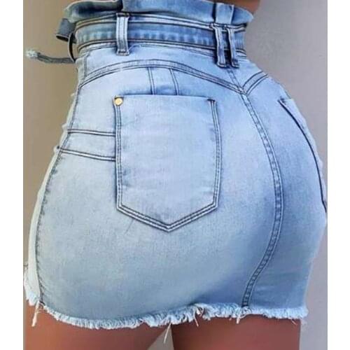 High Waist Elastic Bandage Sexy Denim Mini Skirts Single-breasted Harajuku Casual Hip Bag Stretch Bodycon Patchwork Sashes Skirt