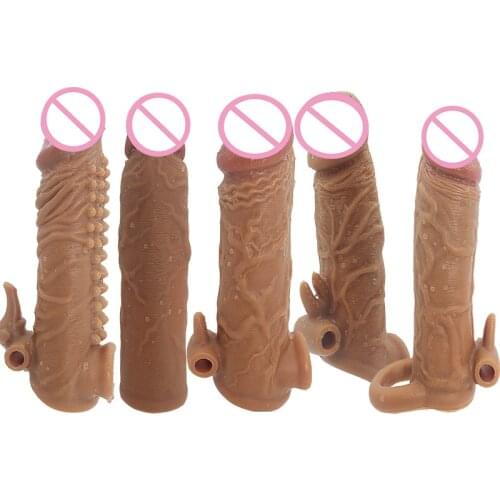 Reusable condom lube Textured Extender Sleeve screw thread Penis cover Cock Ring dildo sheath Condoms coque Sex Toys for Men
